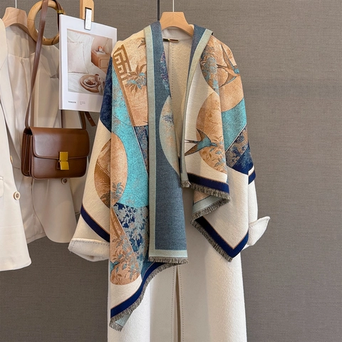 Winter Scarf Shawl Warm Imitation Cashmere Bird Flower Geometric Pattern Jacquard Large Wrap With Tassels Vintage Elegant