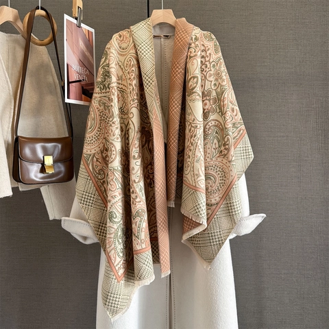 Sciarpa In Imitazione Cashmere Con Motivo Paisley E Pied De Poule Grande Scialle Invernale Caldo Con Frange