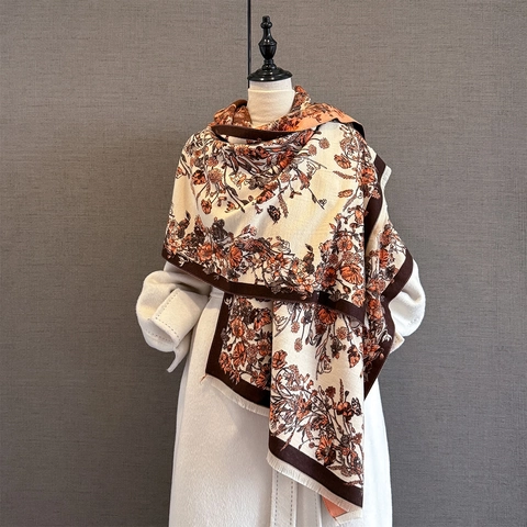 Vintage Botanischer Blumendruck Kaschmir-Imitat Schal Für Damen Luxus Weich Warm Quasten Schultertuch Herbst Winter Pashmina