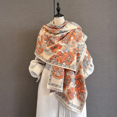 Sciarpa Scialle Elegante Con Jacquard Di Peonia Imitazione Cashmere Caldo Stampa Vintage Nappine Grande Avvolgente Donne