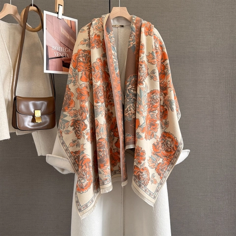 Sciarpa Scialle Elegante Con Jacquard Di Peonia Imitazione Cashmere Caldo Stampa Vintage Nappine Grande Avvolgente Donne