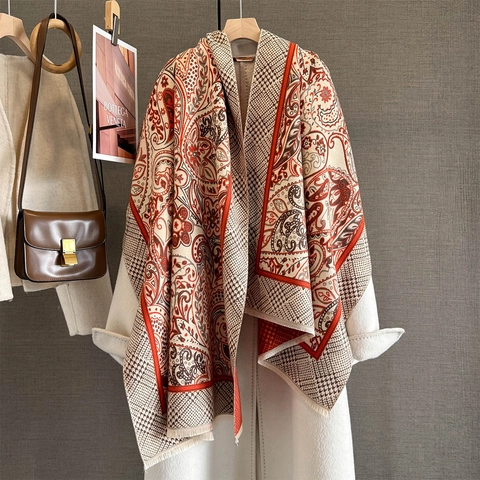 Sciarpa In Imitazione Cashmere Con Motivo Paisley E Pied De Poule Grande Scialle Invernale Caldo Con Frange