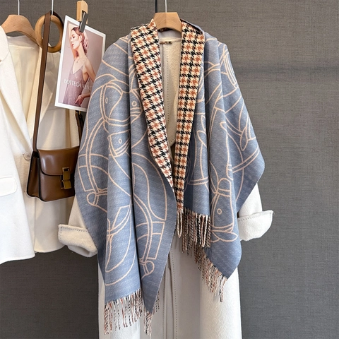 Sciarpa Lunga Da Donna In Imitazione Cashmere Doppia Faccia Motivo Cavallo Pied De Poule Jacquard Scialle Caldo Con Frange