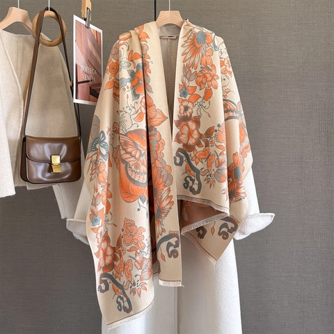 Sciarpa Scialle Vintage Fiori Farfalla Donna Imitazione Cashmere Jacquard Double Face Spessa Calda Pashmina