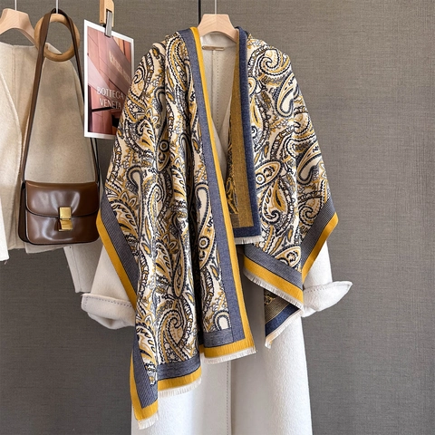 Elegant Women's Imitation Cashmere Paisley Scarf Winter Warm Jacquard Shawl With Tassels Versatile Large Wrap For Ladies
