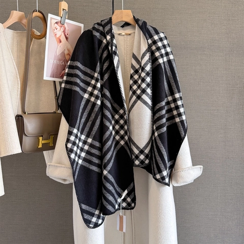 Plaid Scarf Shawl Imitation Cashmere Polyester Soft Warm Winter Autumn Elegant Versatile Wraps For Women Refined Edge