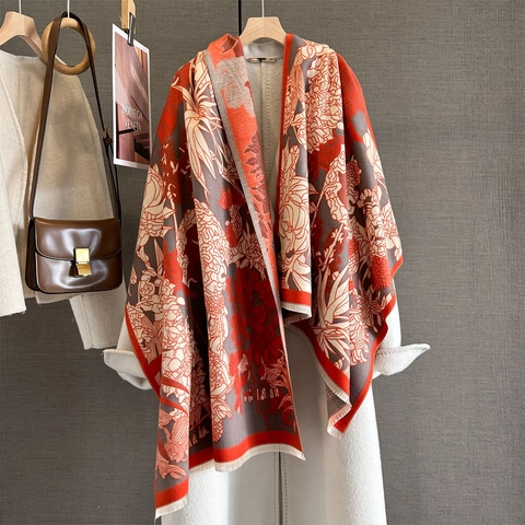 Chal Bufanda Jacquard Floral Vintage Grueso Cálido Imitación Cachemira Envoltura Invierno Elegante Borlas Mujeres