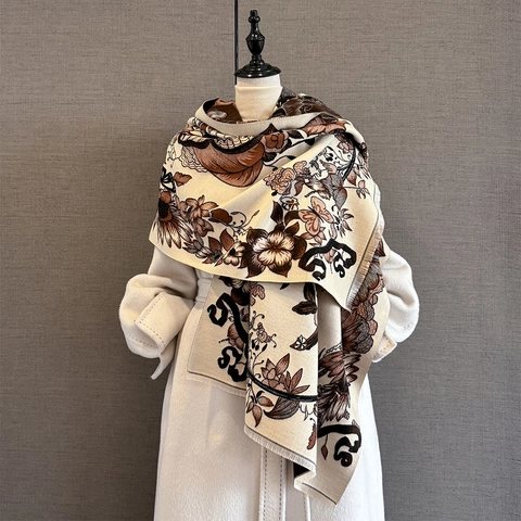 Sciarpa Scialle Vintage Fiori Farfalla Donna Imitazione Cashmere Jacquard Double Face Spessa Calda Pashmina