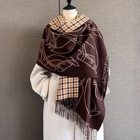 Sciarpa Lunga Da Donna In Imitazione Cashmere Doppia Faccia Motivo Cavallo Pied De Poule Jacquard Scialle Caldo Con Frange