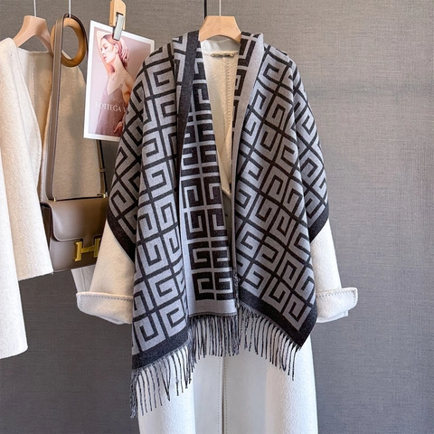Damen Winterschal Polyester Kaschmir-Imitat Verdickt Warm Geometrisches Jacquard Muster Schal Fransen