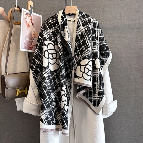 Elegant Camellia Pattern Plaid Imitation Cashmere Scarf Large Shawl For Women Winter Warm Jacquard Tassel Wrap Scarf