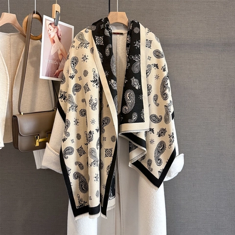 Vintage Doppelseitiger Paisley Jacquard Schal Dick Warm Quaste Stola Imitation Kaschmir Ethnisch Stil Tuch Für Damen