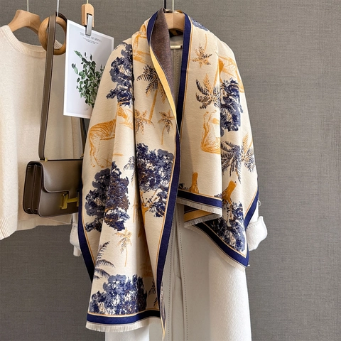 Women Imitation Cashmere Scarf Shawl Zebra Palm Tree Jungle Print Thick Warm Winter Wrap With Tassels