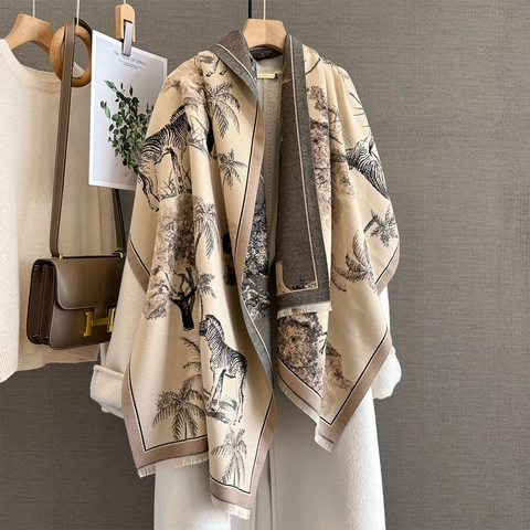 Women Imitation Cashmere Scarf Shawl Zebra Palm Tree Jungle Print Thick Warm Winter Wrap With Tassels