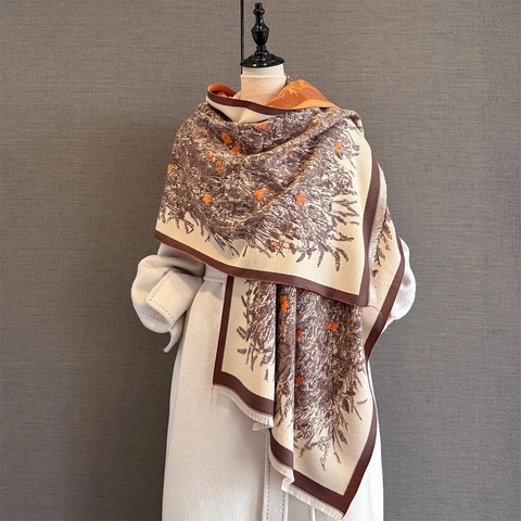 Women Polyester Imitation Cashmere Scarf Shawl Warm Jacquard Botanical Floral Print Winter Wrap With Tassel Fringe