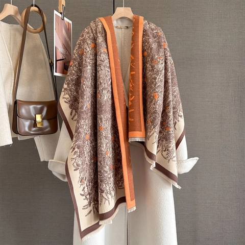 Women Polyester Imitation Cashmere Scarf Shawl Warm Jacquard Botanical Floral Print Winter Wrap With Tassel Fringe