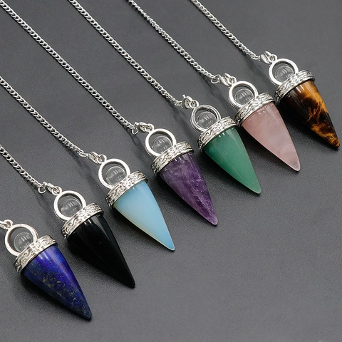 Natural Gemstone Hexagonal Cone Pendulum Necklace Alloy Engraved Cap Crystal Dowsing Divination Healing Jewelry