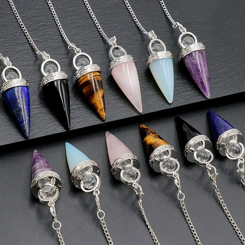 Natural Gemstone Hexagonal Cone Pendulum Necklace Alloy Engraved Cap Crystal Dowsing Divination Healing Jewelry