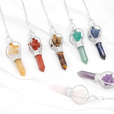 Collar Con Punta De Cristal De Columna Hexagonal Con Jaula Hueca De Estrella Merkaba Péndulo De Radiestesia De Piedra Natural