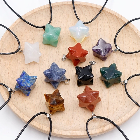 Collier Pendentif Étoile Merkaba en Pierre Naturelle Cristal de Guérison Améthyste Quartz Rose Œil de Tigre Bijoux Cadeau