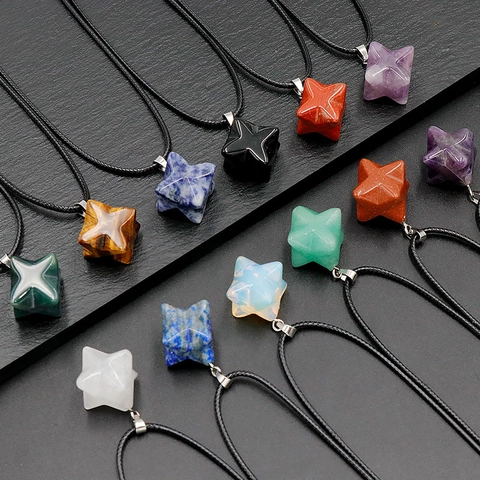 Collier Pendentif Étoile Merkaba en Pierre Naturelle Cristal de Guérison Améthyste Quartz Rose Œil de Tigre Bijoux Cadeau