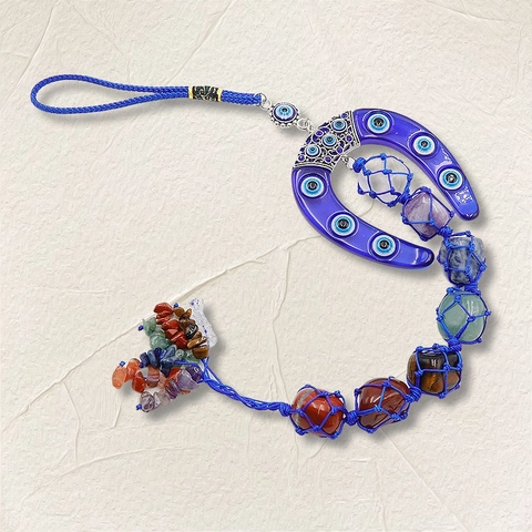 Böser Blick Hufeisen Hängende Deko Mit Natürlichen Kristall Chakra Steinen Handgeflochtene Wanddekoration Für Auto Zuhause Ornament Schutz Amulett