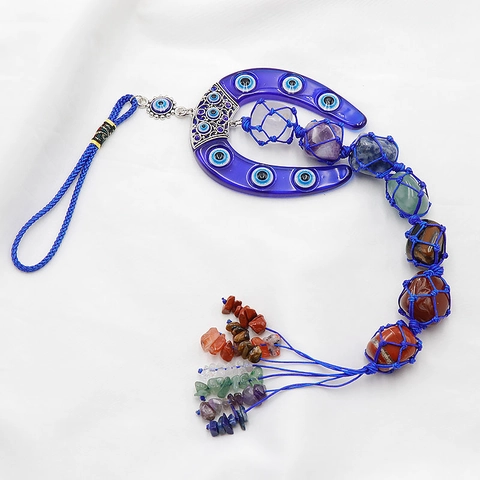 Böser Blick Hufeisen Hängende Deko Mit Natürlichen Kristall Chakra Steinen Handgeflochtene Wanddekoration Für Auto Zuhause Ornament Schutz Amulett