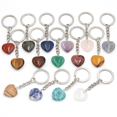 Natural Crystal Heart Keychain Semi-Precious Stone Heart Keyring For Women Men Alloy Gemstone Heart Pendant Accessory