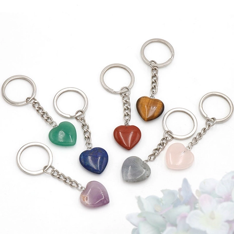 Natural Crystal Heart Keychain Semi-Precious Stone Heart Keyring For Women Men Alloy Gemstone Heart Pendant Accessory