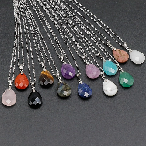 Natural Crystal Gemstone Pendant Necklace Faceted Teardrop Water Drop Long Sweater Chain Healing Stone Jewelry