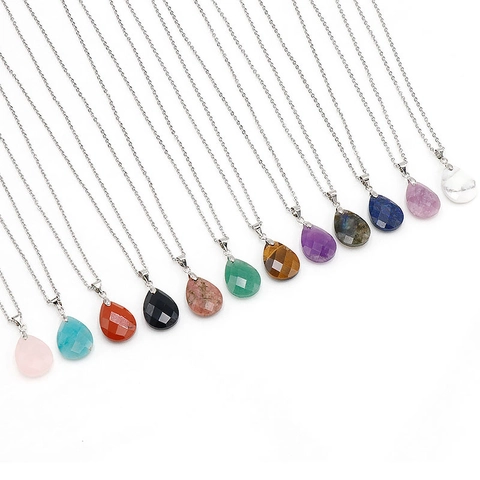 Natural Crystal Gemstone Pendant Necklace Faceted Teardrop Water Drop Long Sweater Chain Healing Stone Jewelry