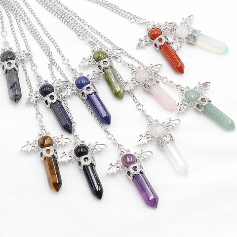 Natural Stone Crystal Hexagonal Column Angel Wings Pendant Necklace Spiritual Healing Reiki Pendulum Jewelry For Women