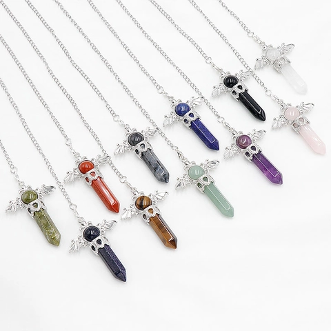 Natural Stone Crystal Hexagonal Column Angel Wings Pendant Necklace Spiritual Healing Reiki Pendulum Jewelry For Women