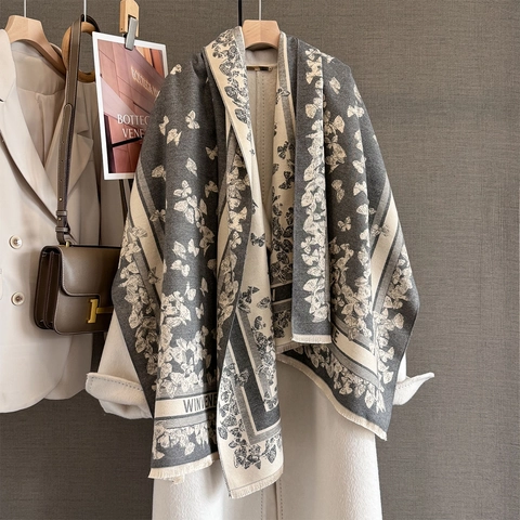 Butterfly Jacquard Scarf Shawl Imitation Cashmere Thick Warm Winter Wrap For Women Double Sided Tassel Edge Retro Elegant