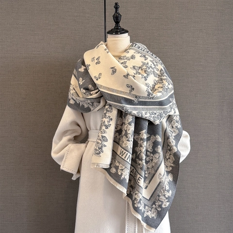 Butterfly Jacquard Scarf Shawl Imitation Cashmere Thick Warm Winter Wrap For Women Double Sided Tassel Edge Retro Elegant