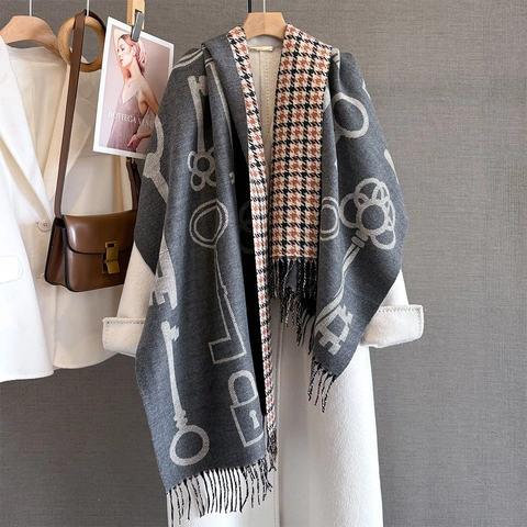 Vintage Schlüssel Jacquard Schal Dick Warm Doppelseitig Hahnentritt Imitat Kaschmir Schal Mit Quasten Für Damen Winter