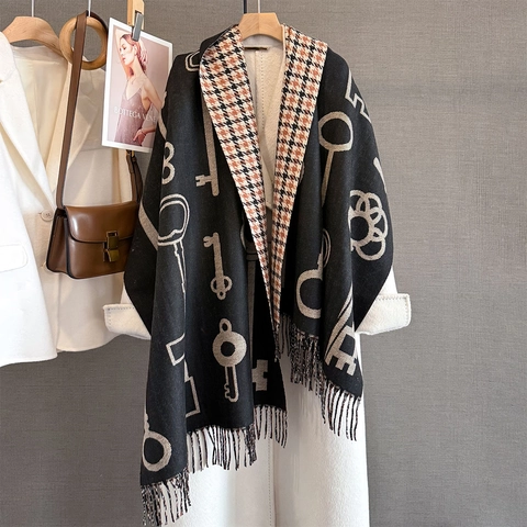 Vintage Schlüssel Jacquard Schal Dick Warm Doppelseitig Hahnentritt Imitat Kaschmir Schal Mit Quasten Für Damen Winter