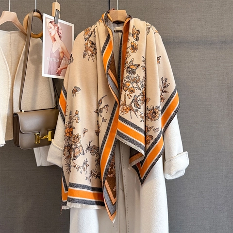 Sciarpa Scialle In Imitazione Cashmere Jacquard Farfalla Retro Elegante Invernale Floreale Con Frange Per Donne