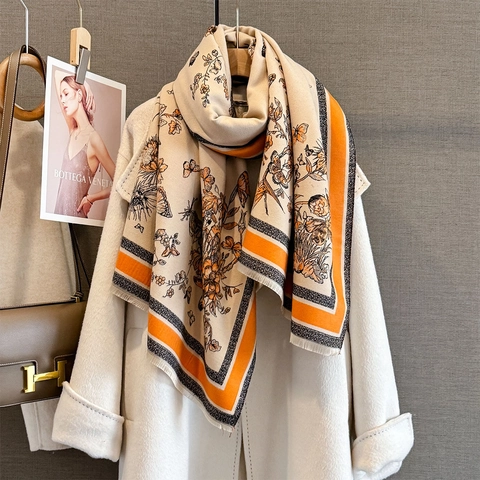 Sciarpa Scialle In Imitazione Cashmere Jacquard Farfalla Retro Elegante Invernale Floreale Con Frange Per Donne