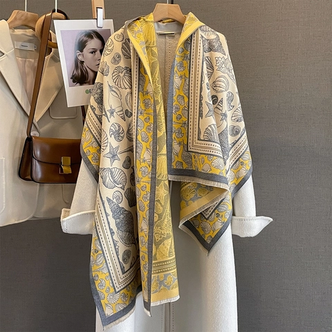 Sciarpa Scialle Stampa Conchiglie Marine Retro Colore Contrasto Imitazione Cashmere Frange Caldo Autunno Inverno Donna