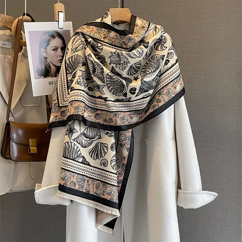 Sciarpa Scialle Stampa Conchiglie Marine Retro Colore Contrasto Imitazione Cashmere Frange Caldo Autunno Inverno Donna