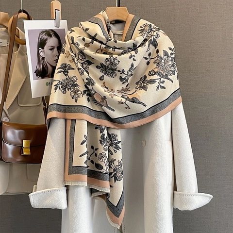 Bufanda Chal Para Mujer Imitación Cachemira Estampado Flores Pájaros Retro Invierno Cálido Borla Bloque De Color