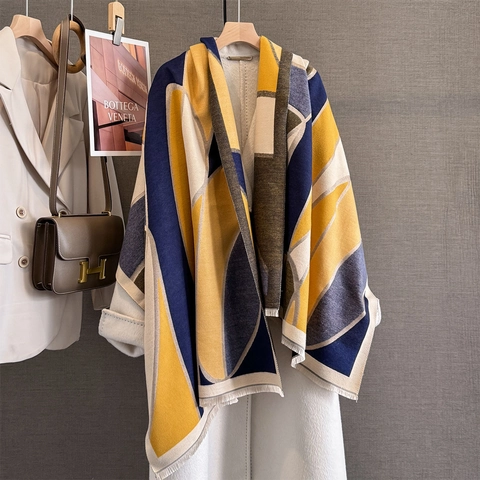 Geometrische Color Block Sjaal Imitatie Kasjmier Dik Warm Winter Omslagdoek Met Kwastjes Elegante Dames Nekwarmer