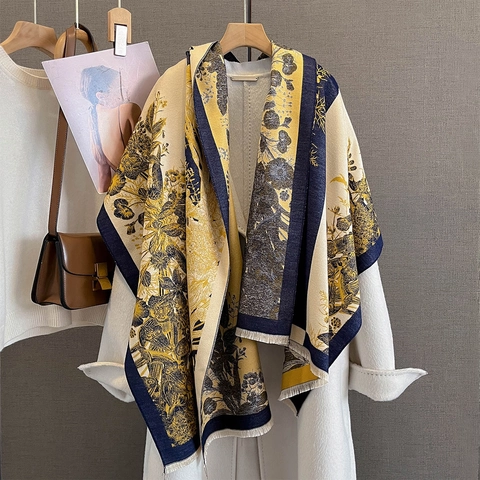 Vintage Floral Print Imitation Cashmere Shawl For Women Large Warm Scarf With Tassel Retro Botanical Pattern Pashmina