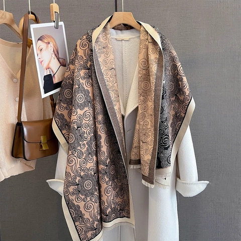 Sciarpa Scialle Stampa Vintage Imitazione Cashmere Caldo Inverno Retro Motivo Floreale Frange Donne Pashmina