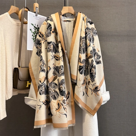 Women Autumn Winter Imitation Cashmere Scarf Floral Jacquard Warm Shawl Wrap With Tassels Elegant Windproof Neck Warmer