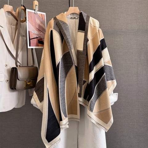 Geometrische Color Block Sjaal Imitatie Kasjmier Dik Warm Winter Omslagdoek Met Kwastjes Elegante Dames Nekwarmer