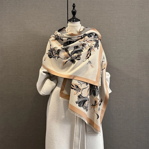 Women Autumn Winter Imitation Cashmere Scarf Floral Jacquard Warm Shawl Wrap With Tassels Elegant Windproof Neck Warmer