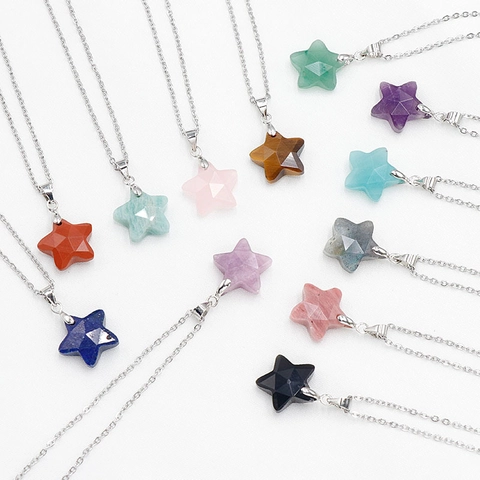 Natural Crystal Gemstone Star Pendant Necklace Faceted Healing Stone Pentagram Jewelry With Stainless Steel Chain For Women