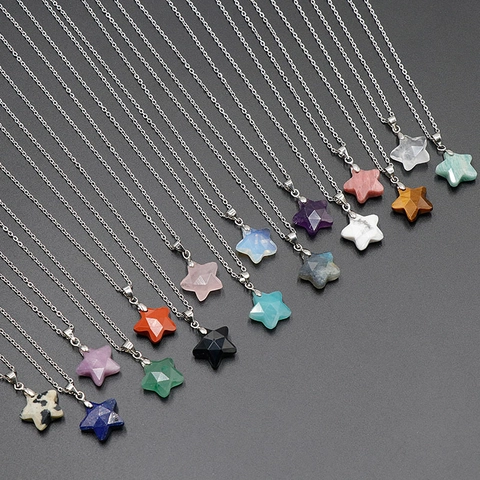 Natural Crystal Gemstone Star Pendant Necklace Faceted Healing Stone Pentagram Jewelry With Stainless Steel Chain For Women